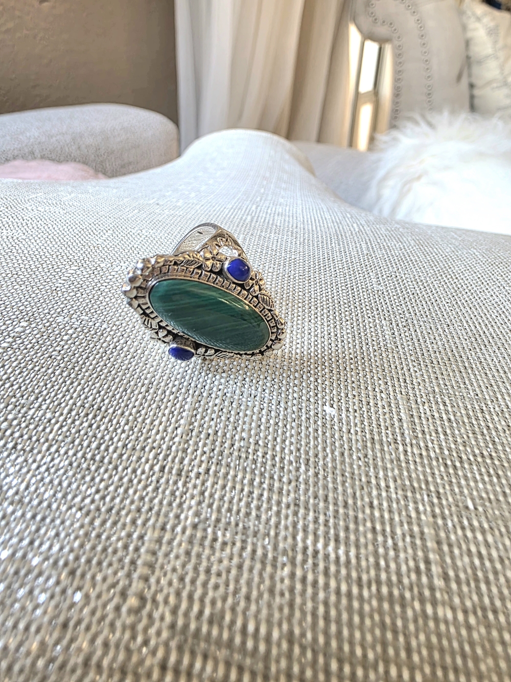 925 Sterling Silver Green Malachite & Blue Stone Statement Ring Size 8 - Picture 8 of 13